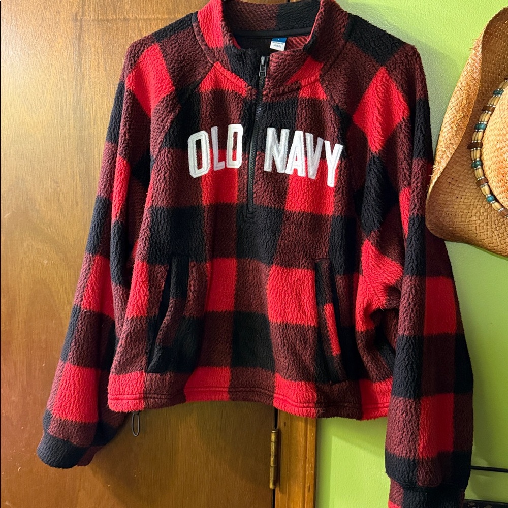 Old Navy Red and Black Checkered Fleece Top